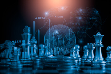 Modern way of exchange. Bitcoin is convenient payment in global economy market. Virtual digital currency and financial investment trade concept. Abstract cryptocurrency with gold bitcoin background.