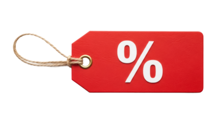 Red price tag with percentage sign isolated PNG, sale discount label for retail promotion and marketing on transparent background