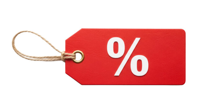 Red price tag with percentage sign isolated PNG, sale discount label for retail promotion and marketing on transparent background