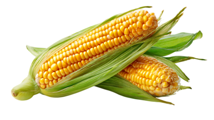 Two ears of yellow corn on transparent background with green husks and kernels