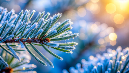 Extreme macro shot of pine needles covered in sparkling white frost or ice crystals, backlit by soft blue and warm golden bokeh lights, creating a bright, festive winter and holiday mood.