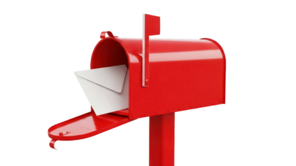 Red mailbox with letter isolated PNG, residential mail receptacle for receiving correspondence and postal deliveries on transparent background