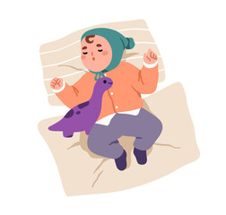 Toddler sleeping with plush toy in bed. Adorable cute baby lying on back, dreaming in pajamas and cap. Little nursery kid asleep, top view. Flat vector illustration isolated on white background