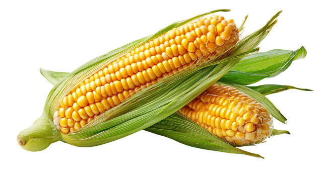 Two ears of yellow corn on transparent background with green husks and kernels