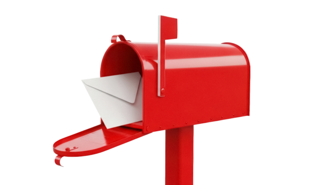 Red mailbox with letter isolated PNG, residential mail receptacle for receiving correspondence and postal deliveries on transparent background - Powered by Adobe