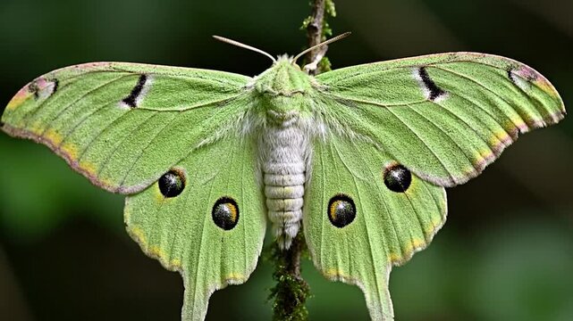 Close-up of a vibrant green moth with intricate patterns on its wings, resting on a branch.