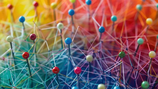 A close-up of a colorful needlepoint art piece with variously hued yarn stitches.