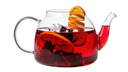 Glass teapot with red fruit tea and orange peel isolated PNG, refreshing beverage for healthy lifestyle and herbal medicine