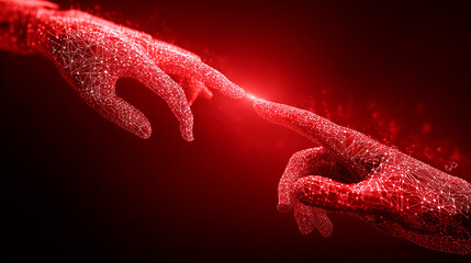 Artificial intelligence and human hand touching with digital data technology, concept on a red background for future tech or business