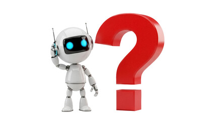 Puzzled robot with red question mark isolated PNG, artificial intelligence concept on transparent background for technology and education