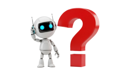 Puzzled robot with red question mark isolated PNG, artificial intelligence concept on transparent background for technology and education