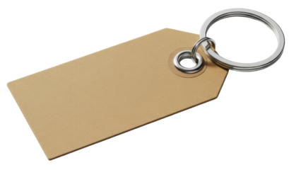 Blank tan tag with silver keyring isolated PNG, customizable label for branding and identification on transparent background