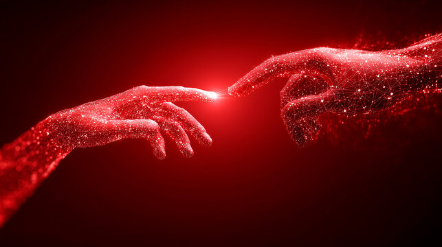 Artificial intelligence and human hand touching with digital data technology, concept on a red background for future tech or business - Powered by Adobe