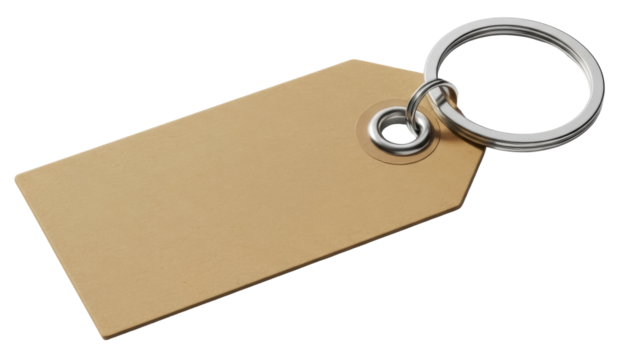 Blank tan tag with silver keyring isolated PNG, customizable label for branding and identification on transparent background - Powered by Adobe