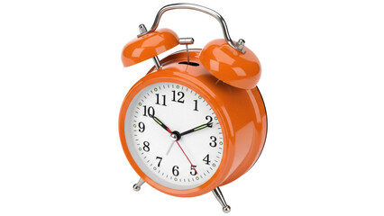 Orange twin bell alarm clock PNG isolated on transparent background, retro style timekeeping device for waking up and schedule management