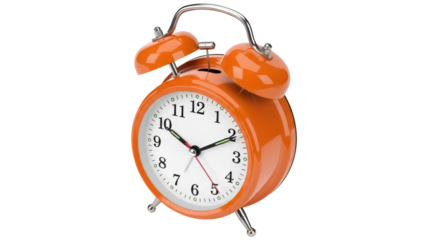 Orange twin bell alarm clock PNG isolated on transparent background, retro style timekeeping device for waking up and schedule management