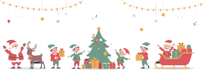 Cheerful Santa Claus and Reindeer with Cute Elves Decorating Christmas Tree and Delivering Gifts in Sleigh, Festive Holiday Celebration Vector Illustration Set.