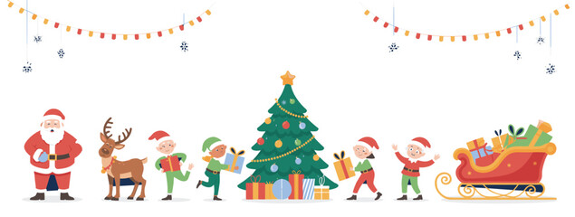 Christmas celebration illustration, Santa with elves, reindeer and sleigh, decorated tree, holiday gifts, festive vector scene, seasonal artwork