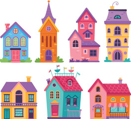 Whimsical colorful cartoon houses illustration set, cute fantasy homes, playful architecture designs, charming decorative buildings, kids town clipart artwork