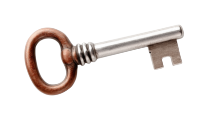 Vintage Key with Copper Handle and Metal Shaft on White Background
