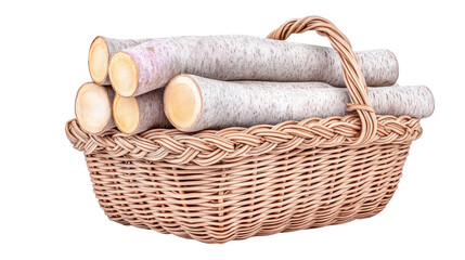 Rustic Wicker Basket Filled with Natural Wooden Logs and Sticks