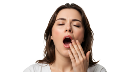 Woman yawning widely, covering her mouth with her hand in exhaustion on a transparent background