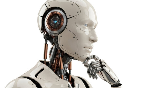 Thinking humanoid robot PNG isolated on transparent background, futuristic artificial intelligence concept for technology and science fiction