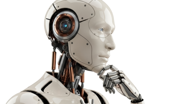 Thinking humanoid robot PNG isolated on transparent background, futuristic artificial intelligence concept for technology and science fiction - Powered by Adobe