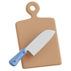 A 3d render of a light brown wooden cutting board with a hole for hanging, paired with a silver kitchen knife featuring a blue handle, on a transparent background