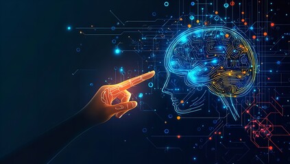 Human hand interacting with a glowing digital representation of a brain surrounded by complex futuristic circuit board data streams and connections