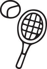 Vector illustration of a tennis racket with a ball in clean stylized line art. Perfect for sports themes, tennis graphics, athletic designs, fitness projects, training materials and modern digital con