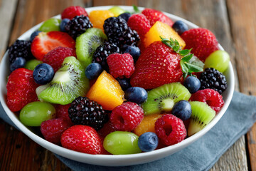 Obraz premium Fresh Fruit Salad in White Bowl on Wooden Table