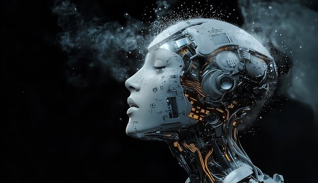 Detailed profile view of a sophisticated android head revealing complex internal circuitry and emitting vapor against a dark background