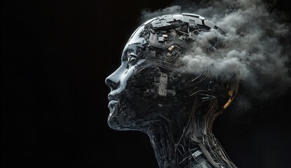 Profile view of a highly detailed chrome android head with internal circuitry visible and smoke emanating from the top against a dark background