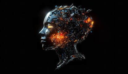 Profile view of a futuristic android head revealing glowing internal circuitry and complex mechanical structure against a dark background