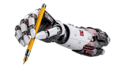 Robotic Hand Holding a Yellow Pencil on a Transparent Background