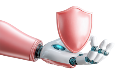 Futuristic Robot Hand Holding Shield for Digital Security Concept