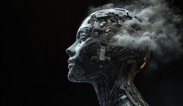 Profile view of a highly detailed chrome android head with internal circuitry visible and smoke emanating from the top against a dark background - Powered by Adobe