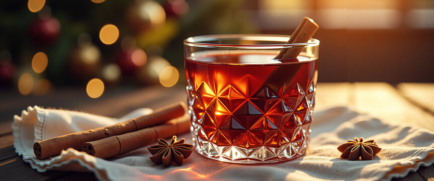A shot of mulled wine in a crystal glass with cinnamon stick and star anise   - Powered by Adobe