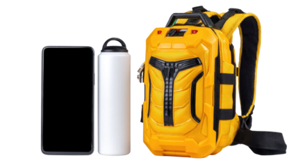 Bright Yellow Backpack Set with Water Bottle and Smartphone Display