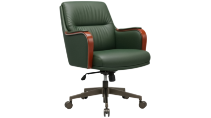 Green leather executive office chair isolated PNG, comfortable ergonomic furniture for workplace and home office on transparent background