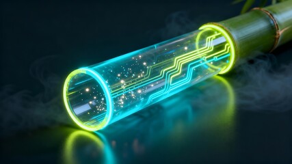 Sustainable technology concept: digital circuitry flowing through a glass tube attached to bamboo