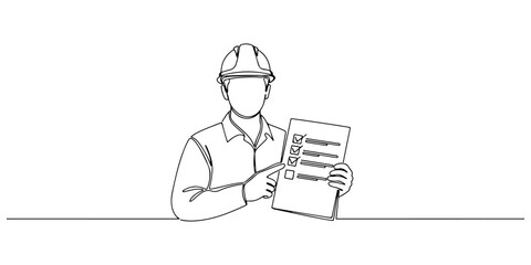 Continuous one line of a hard hat worker holding a checklist, safety inspection theme, hand drawn vector illustration.