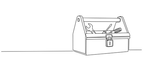 Continuous one line of a secure toolbox, equipment safety theme, hand drawn vector illustration.