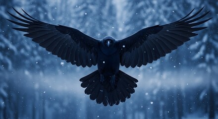 Majestic raven with outstretched wings soars through a snowy, dark forest.