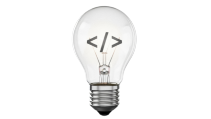 Light bulb with code symbols inside isolated PNG, concept for software development and creative coding solutions on transparent background