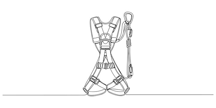 Continuous one line of a safety harness with structured straps, fall arrest system theme, hand drawn vector illustration.