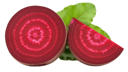 Sliced beetroot PNG isolated on transparent background, vibrant red beet root with concentric circles and green leaves, healthy eating concept
