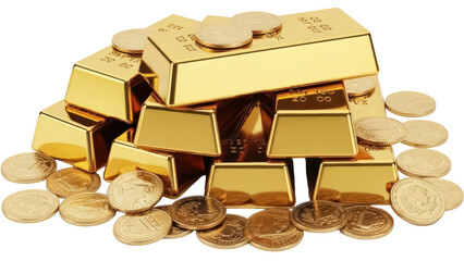 Pile of shiny gold bars and coins PNG isolated on transparent background, wealth and prosperity...