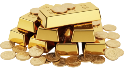 Pile of shiny gold bars and coins PNG isolated on transparent background, wealth and prosperity concept for finance and investment themes